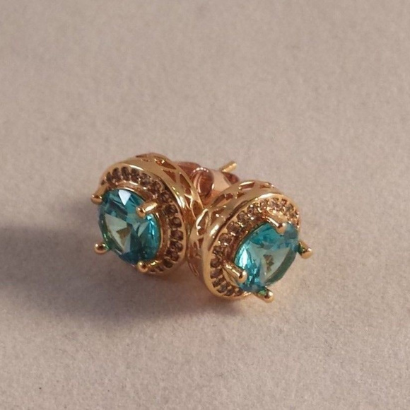 18K Yellow Gold Filled Sky Blue Diamond Zircon Stud Earrings 1.28ctw Gorgeous - Picture 2 of 2